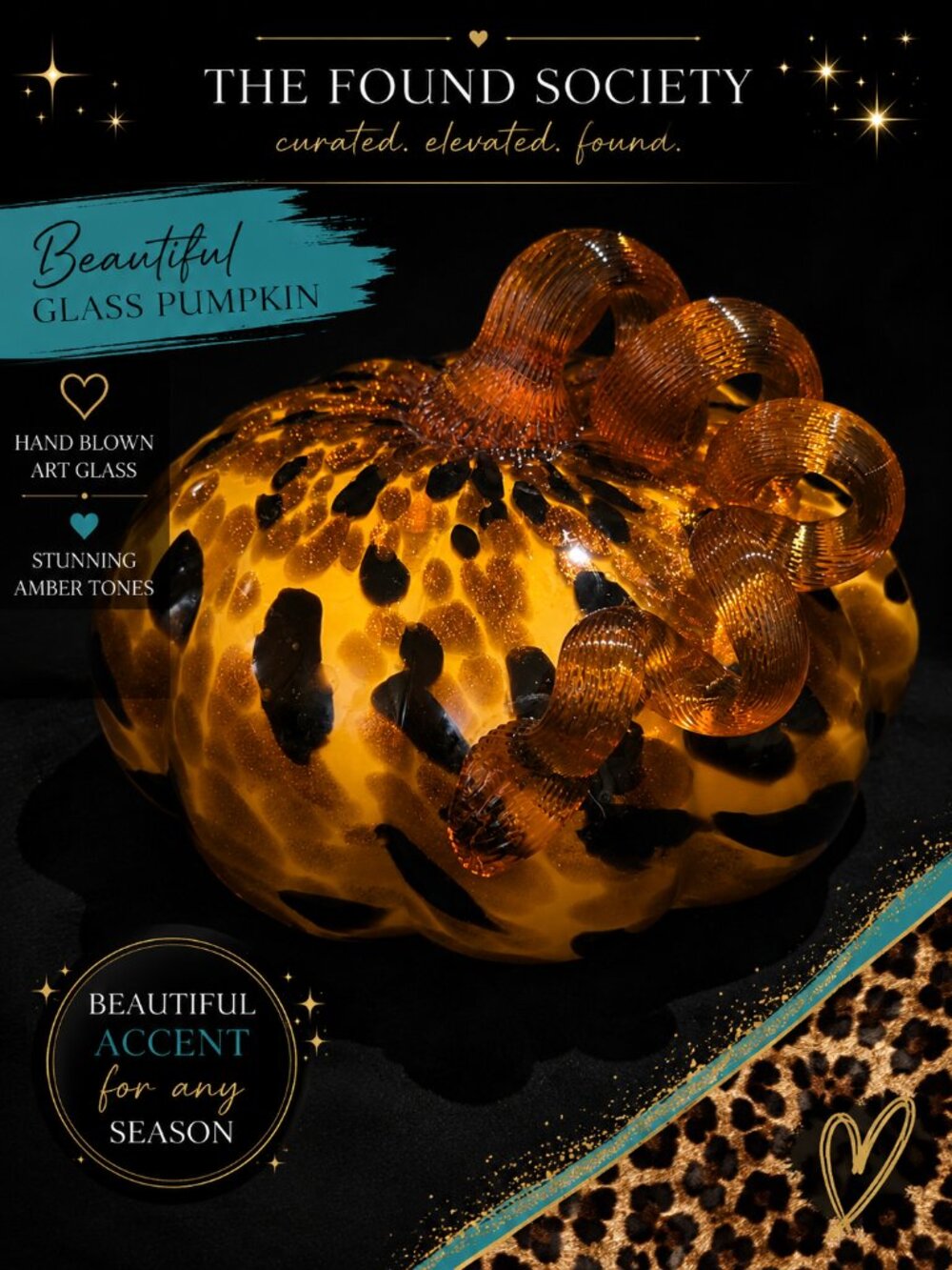 Leopard Spotted Amber Gold Art Glass Pumpkin Curly Stem Fall Decor 8”